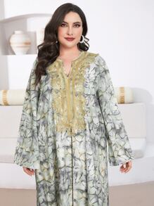 Al Najma Plus Allover Print Contrast Lace Dress - Multicolor - View 3