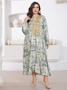 Al Najma Plus Allover Print Contrast Lace Dress - Multicolor - View 4