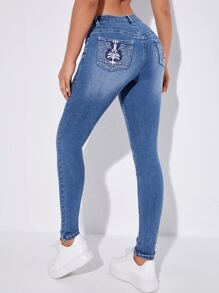 Graphic Embroidery Skinny Jeans - Medium Wash - View 1