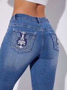 Graphic Embroidery Skinny Jeans - Medium Wash - View 2
