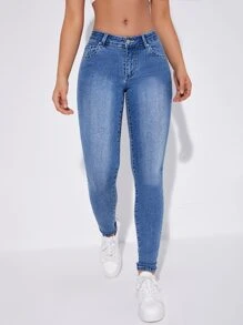 Graphic Embroidery Skinny Jeans - Medium Wash - View 3