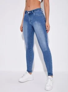 Graphic Embroidery Skinny Jeans - Medium Wash - View 6