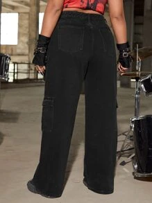 SHEIN ICON Plus Flap Pocket Cargo Jeans - Black - View 3