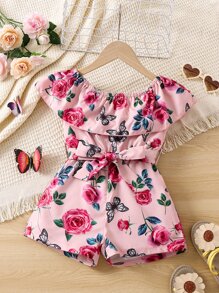 Toddler Girls Floral Print Ruffle Trim Belted Romper - Pink - View 1