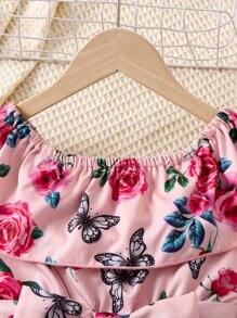 Toddler Girls Floral Print Ruffle Trim Belted Romper - Pink - View 4