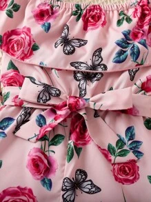 Toddler Girls Floral Print Ruffle Trim Belted Romper - Pink - View 5