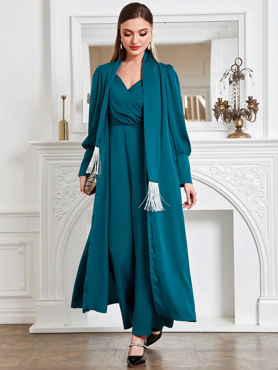 Al Najma Fringe Trim Open Front Abaya - Teal Blue - View 1