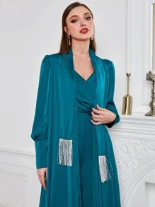 Al Najma Fringe Trim Open Front Abaya - Teal Blue - View 5