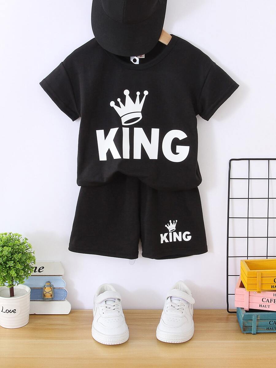 SHEIN Young Boy Crown & Letter Graphic Tee & Shorts