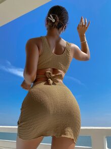 SHEIN Swim Bộ Bikini Họa Tiết Vòng Liên Kết Trên & Cắt Cao Dưới & Dây Rút Váy Đi Biển Vải Xếp 3 Mảnh Bikini Đi Biển Mùa Hè - màu nâu - Xem 2