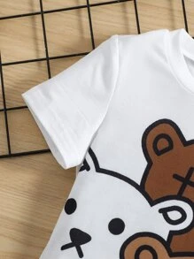 SHEIN 男小童可愛卡通圖案白色T恤,常規短袖圓領,夏天 - 白色 - 查看 4