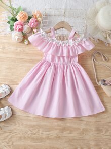Toddler Girls Striped Appliques Cold Shoulder Ruffle Trim Dress - Baby Pink - View 1