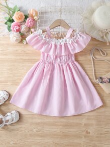 Toddler Girls Striped Appliques Cold Shoulder Ruffle Trim Dress - Baby Pink - View 2