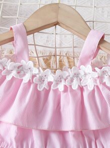 Toddler Girls Striped Appliques Cold Shoulder Ruffle Trim Dress - Baby Pink - View 3
