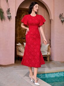 Modelyn 提花蝴蝶袖魚尾裙下擺洋裝