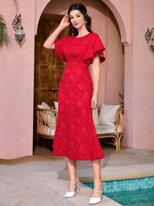 Modelyn 提花蝴蝶袖魚尾裙下擺洋裝