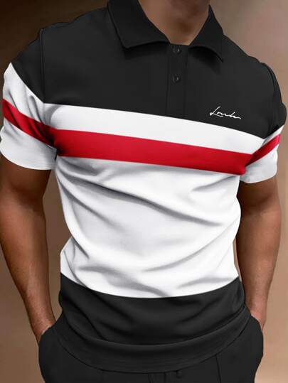 Guys Color Block Letter Graphic Polo Shirt