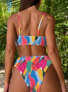 Allover Print Smocked Summer Beach Bikini Set - Multicolor - View 2