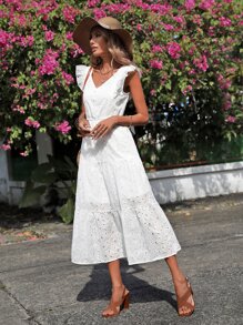 SHEIN Frenchy Vestido con bordado con ojal de manga mariposa bajo con fruncido - Blanco - Ver 3
