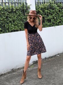 SHEIN LUNE Ditsy Floral Print Knot Front Dress - Multicolor - View 3