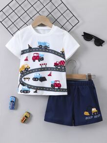 SHEIN 小男童汽車印花T恤和短褲