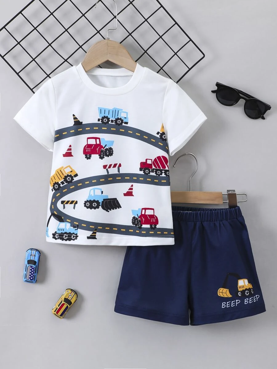 SHEIN 小男童汽車印花T恤和短褲