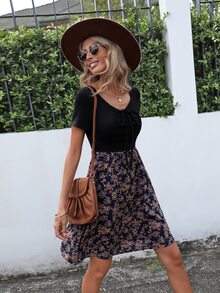 SHEIN LUNE Ditsy Floral Print Knot Front Dress - Multicolor - View 5