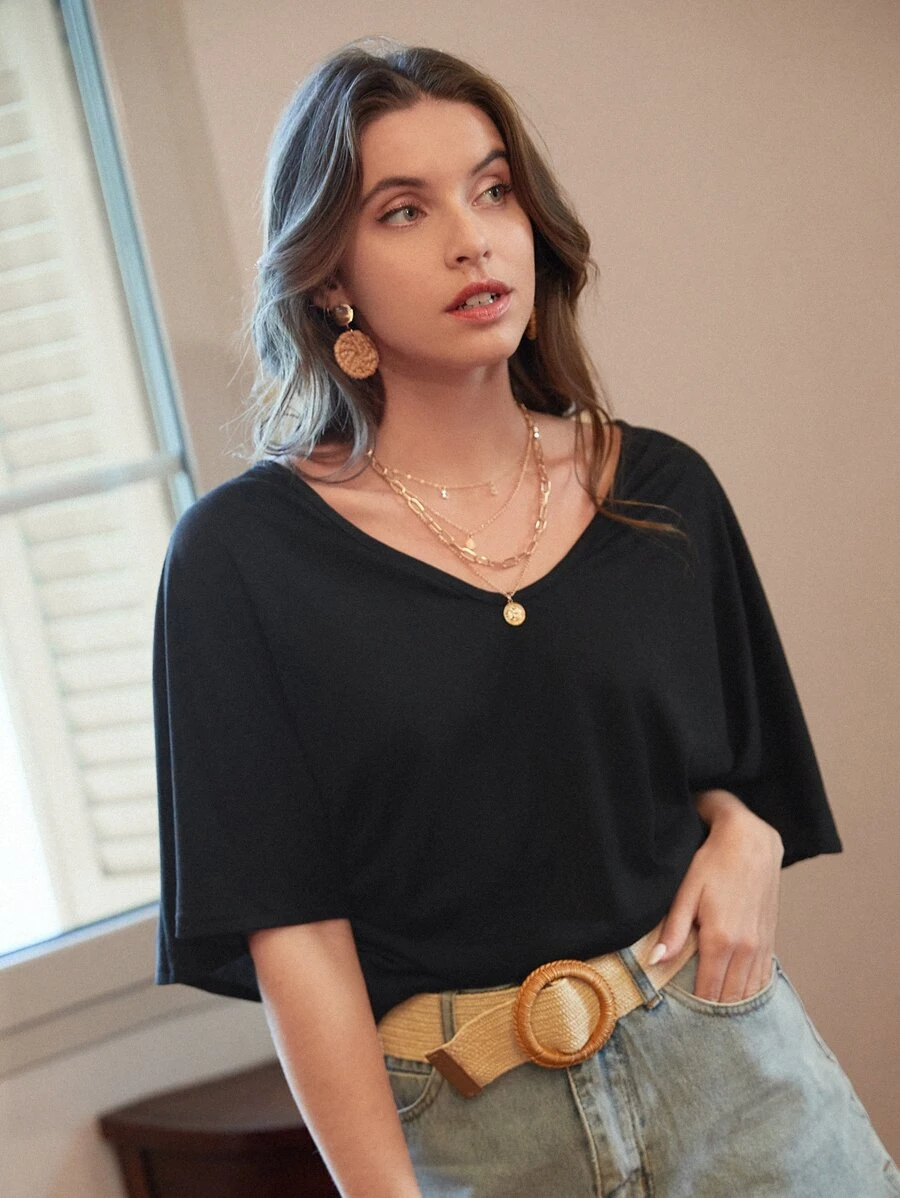 SHEIN Frenchy Solid Batwing Sleeve V-Neck Tee