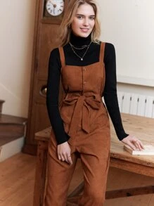 SHEIN Frenchy Button Front Belted Overall Jumpsuit Without Top - Brown - View 1