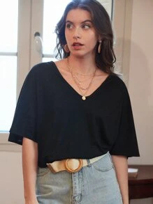 SHEIN Frenchy Solid Batwing Sleeve V-Neck Tee
