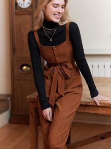 SHEIN Frenchy Button Front Belted Overall Jumpsuit Without Top - Brown - View 3