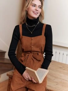 SHEIN Frenchy Button Front Belted Overall Jumpsuit Without Top - Brown - View 4