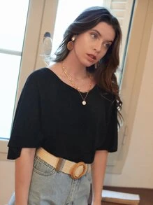 SHEIN Frenchy Solid Batwing Sleeve V-Neck Tee