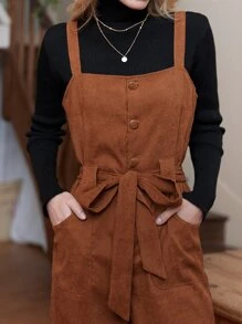 SHEIN Frenchy Button Front Belted Overall Jumpsuit Without Top - Brown - View 5