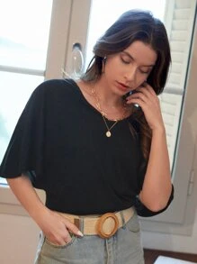 SHEIN Frenchy Solid Batwing Sleeve V-Neck Tee