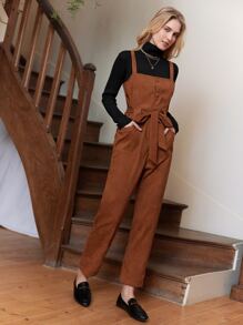 SHEIN Frenchy Button Front Belted Overall Jumpsuit Without Top - Brown - View 6