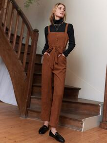 SHEIN Frenchy Button Front Belted Overall Jumpsuit Without Top - Brown - View 7