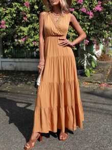 SHEIN VCAY Solid Lace Trim Layered Hem Dress - Khaki - View 1