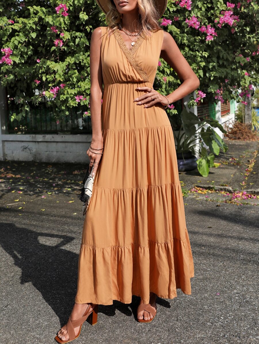 SHEIN VCAY Solid Lace Trim Layered Hem Dress - Khaki - View 1