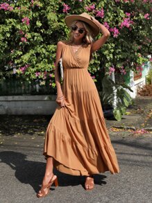 SHEIN VCAY Solid Lace Trim Layered Hem Dress - Khaki - View 5