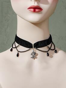 ROMWE Goth Gargantilla con diseño flor & de cuenta - Negro - Ver 2