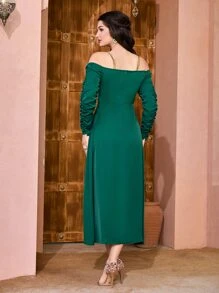 Modelyn Ruched Sleeve Cold Shoulder Dress - Dark Green - View 2