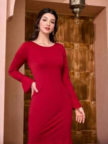 Modelyn Vestido unicolor bajo sirena sin cinturón - Rojo - Ver 5