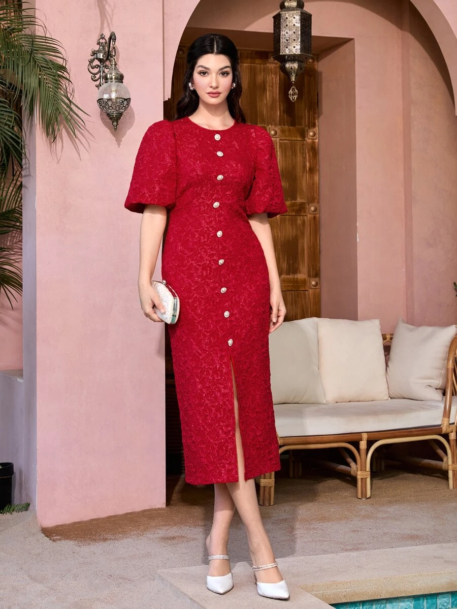 Modelyn Jacquard Puff Sleeve Button Front Split Hem Dress - Burgundy - View 1