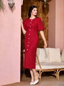 Modelyn Jacquard Puff Sleeve Button Front Split Hem Dress - Burgundy - View 3