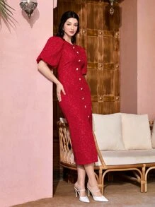 Modelyn Jacquard Puff Sleeve Button Front Split Hem Dress - Burgundy - View 4