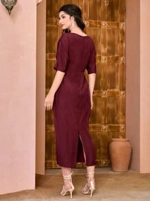 Divindia Vestido fruncido delantero de manga murciélago - Granate - Ver 2