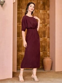 Divindia Vestido fruncido delantero de manga murciélago - Granate - Ver 3