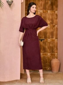 Divindia Vestido fruncido delantero de manga murciélago - Granate - Ver 4