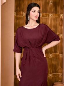 Divindia Vestido fruncido delantero de manga murciélago - Granate - Ver 5